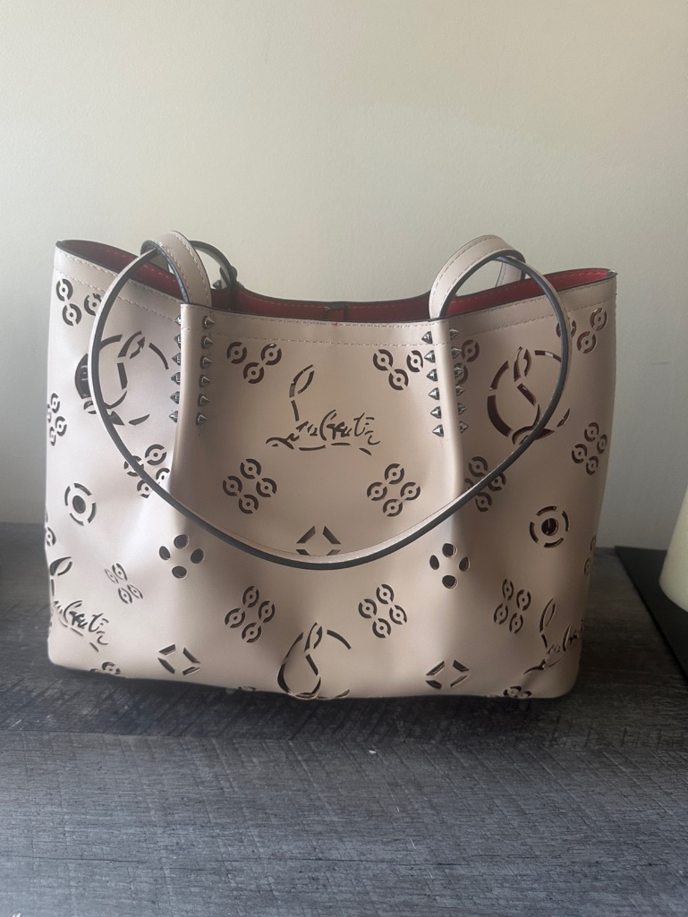 New Women's Cream Laser-Cut Tote Bag with Stud Accents